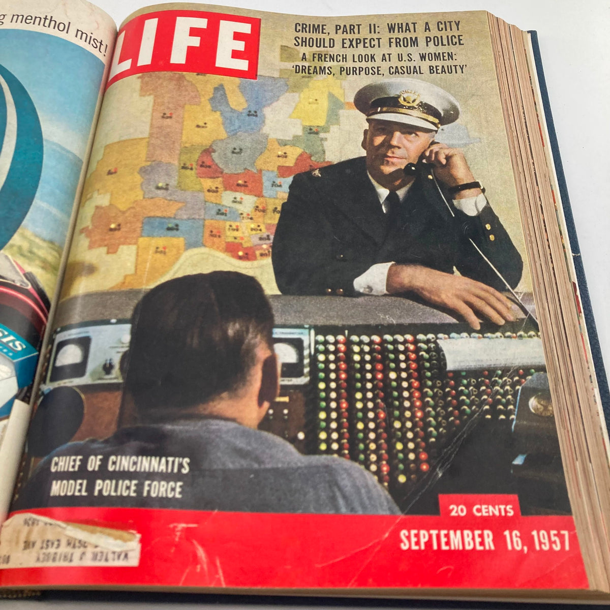 VTG 1957 Bound Life Magazine cover featuring Chief of Cincinnati's model police force on the September 16 issue, discussing crime and police expectations in the city.