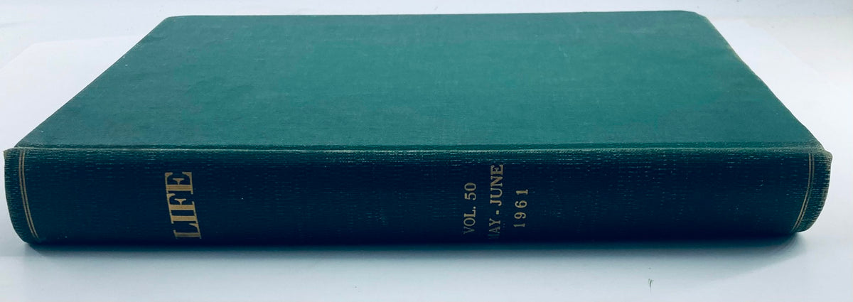 Side view of the VTG 1961 Bound Life Magazine May - June Weekly Issue with visible gold lettering for volume and date: Vol. 50 May - June 1961.