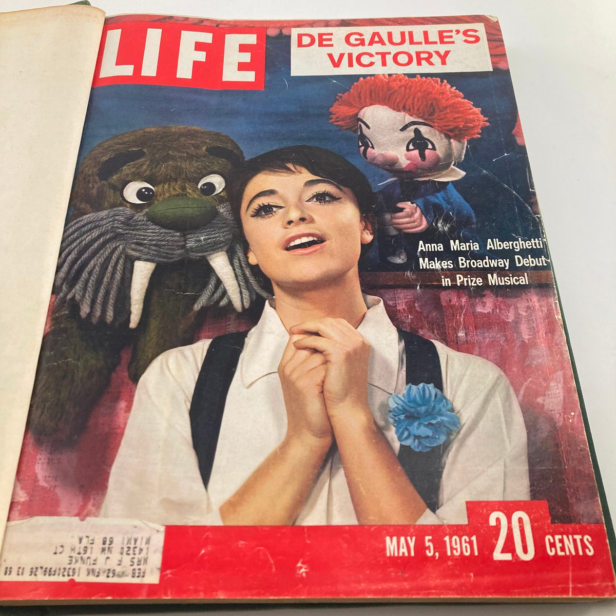 Cover page of the VTG 1961 Bound Life Magazine May - June Weekly Issue from May 5, 1961, featuring Anna Maria Alberghetti and two puppets, showcasing historical content.