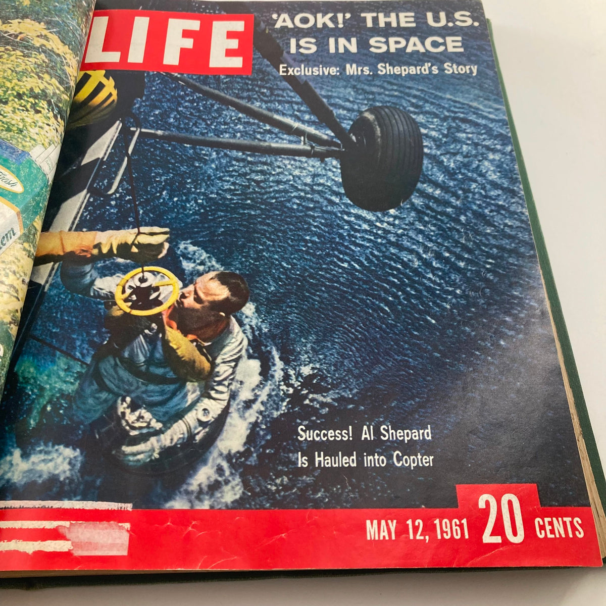 Cover of VTG 1961 Bound Life Magazine featuring astronaut Al Shepard being rescued after his historic space mission on May 12, 1961.