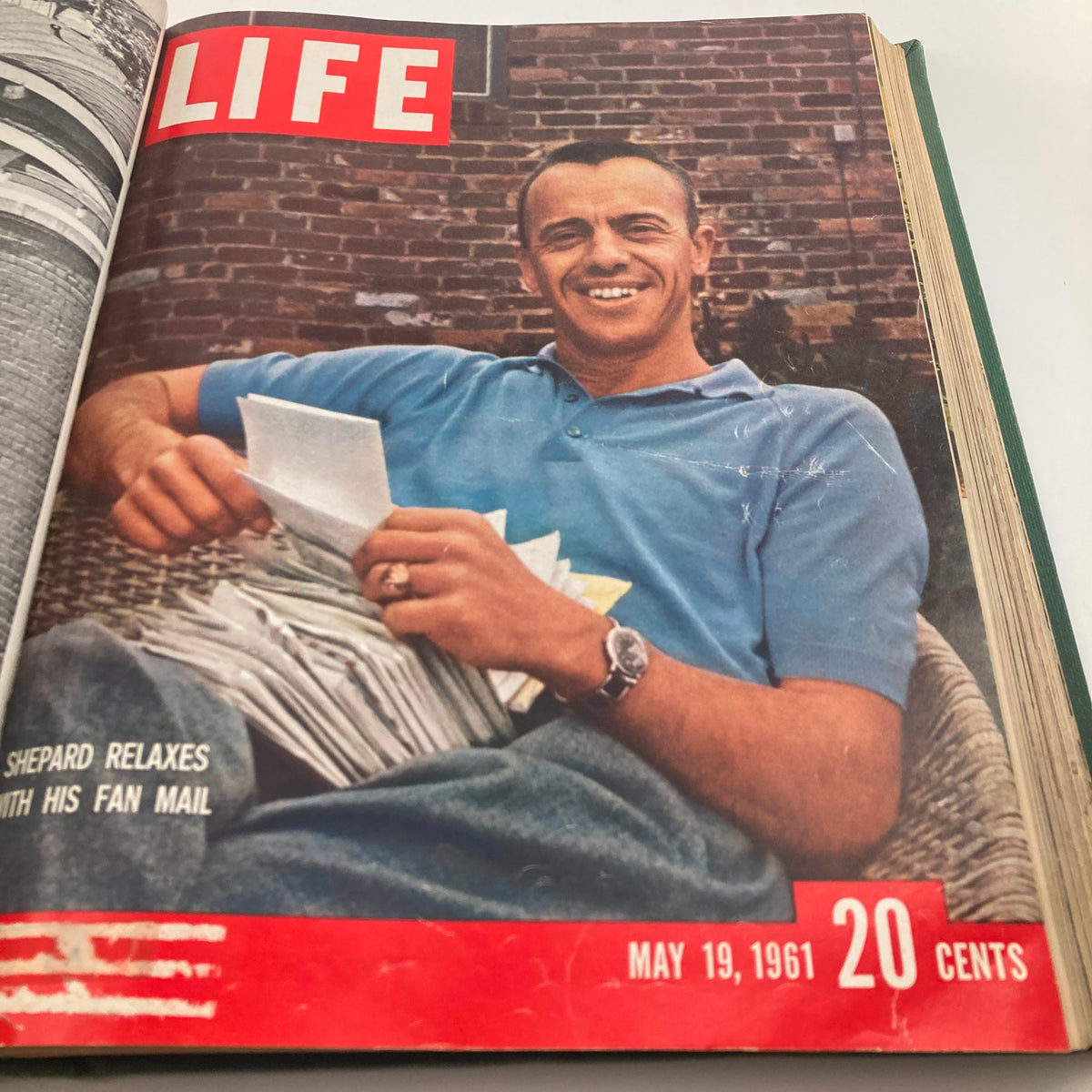 Cover of VTG 1961 Bound Life Magazine showing astronaut Al Shepard relaxing with his fan mail on May 19, 1961.