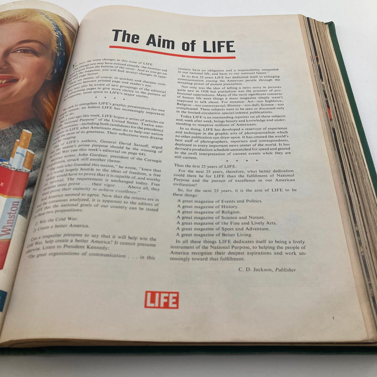 Inside page of VTG 1961 Bound Life Magazine outlining the aims of the publication, highlighting its dedication to events, history, and the arts.