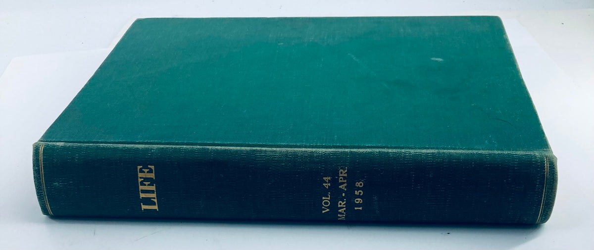 Side view of the Vintage 1958 Bound Life Magazine, featuring the title 'LIFE' and volume details, perfect for historical collectors.
