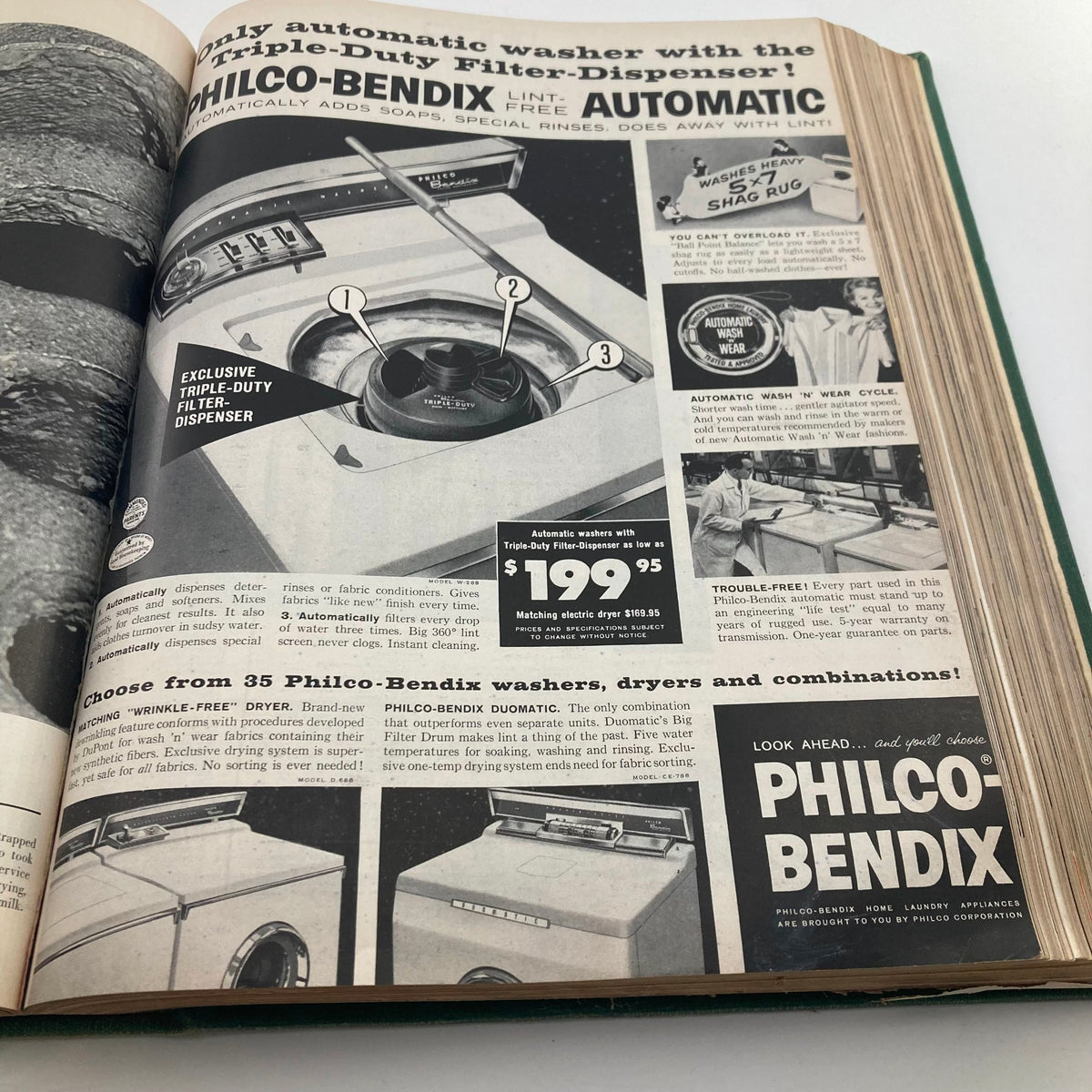 VTG 1958 Bound Life Magazine Collection showing a vintage advertisement for Philco-Bendix automatic washer with detailed features and pricing.