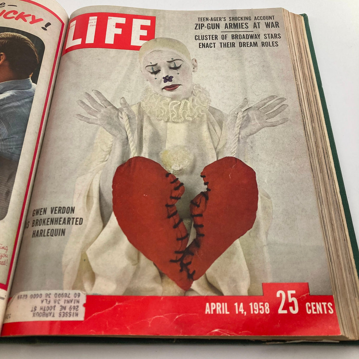 VTG 1958 Bound Life Magazine Collection highlighting the cover story of Gwen Verdon as the Brokenhearted Harlequin, dated April 14, 1958.