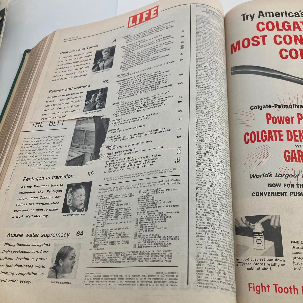VTG 1958 Bound Life Magazine Collection displaying the table of contents page with various articles, including 'Parents and Learning'.