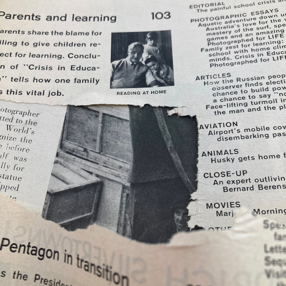VTG 1958 Bound Life Magazine Collection showing a close-up of the article 'Parents and Learning' with an accompanying image.