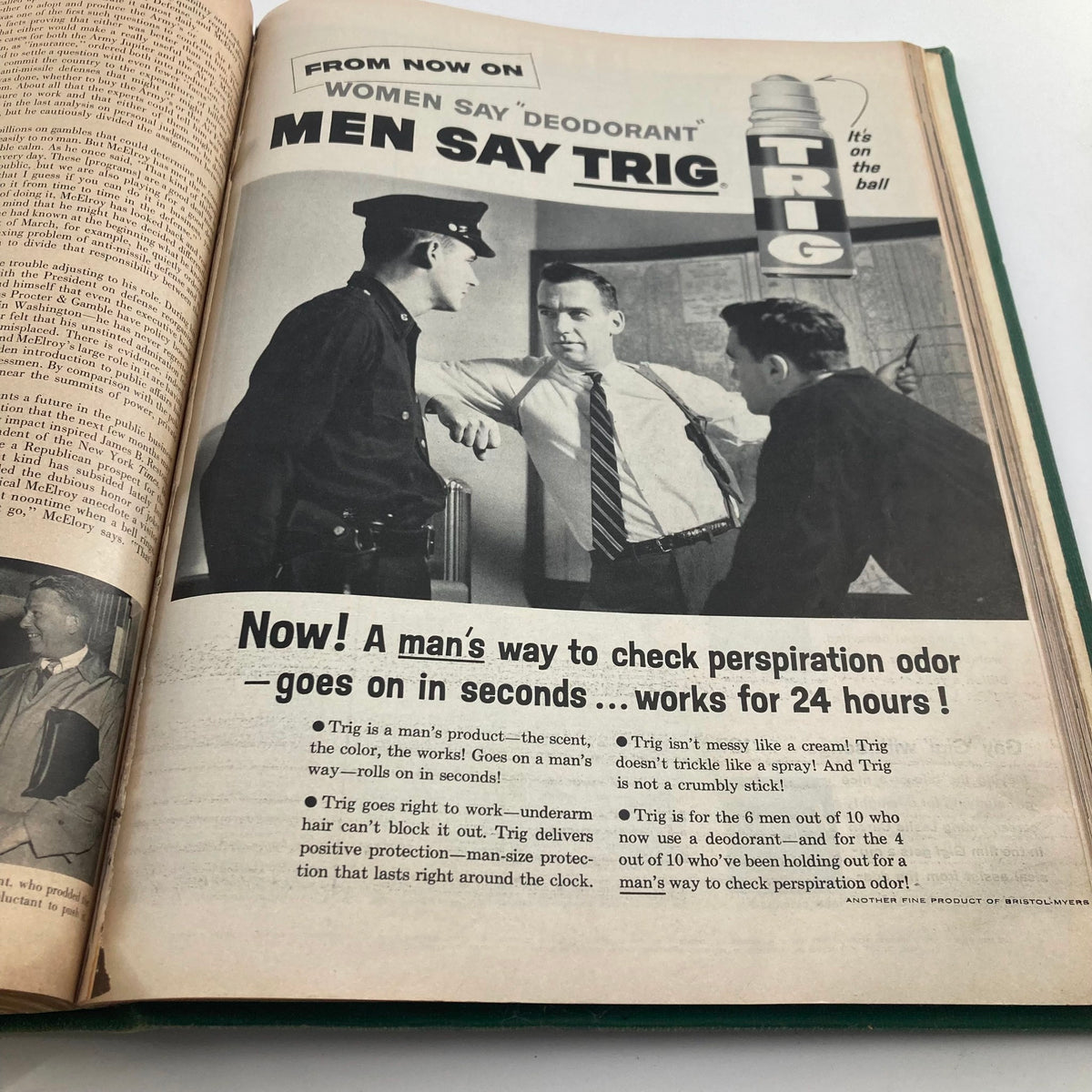 Inside view of the VTG 1958 Bound Life Magazine featuring an advertisement for Trig deodorant, showcasing the product and its unique selling points, along with a photograph of men discussing it.