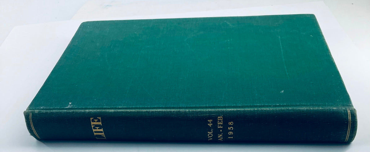 Vintage 1958 Bound Life Magazine with a green cover and gold lettering, showcasing historical features from January and February.