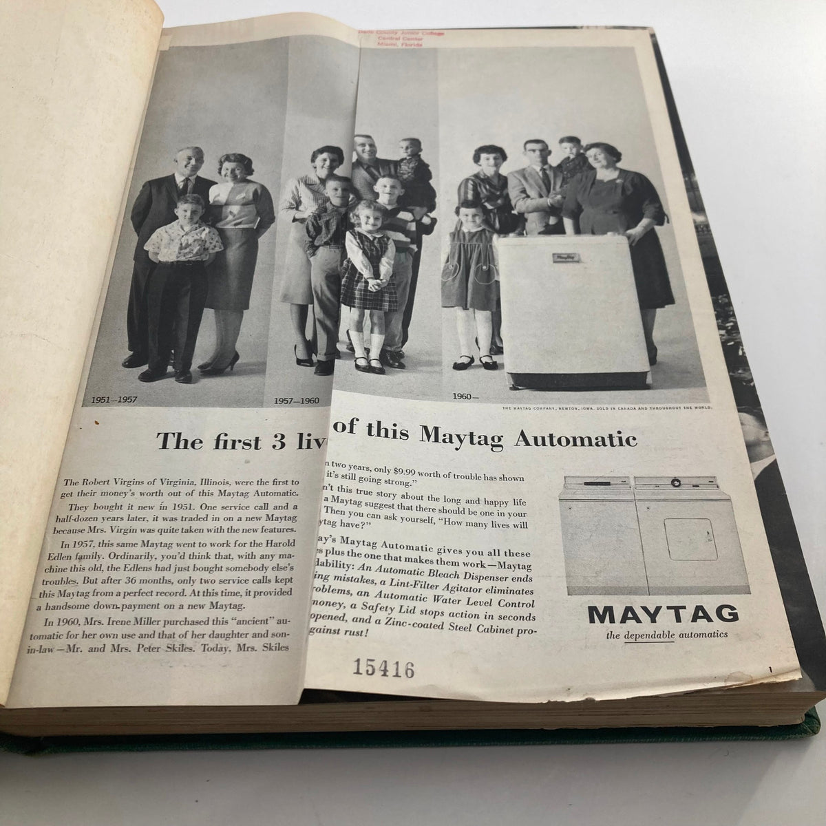 Interior page of the vintage 1962 Bound Life Magazine March - April featuring a Maytag advertisement with families posing around a washing machine.