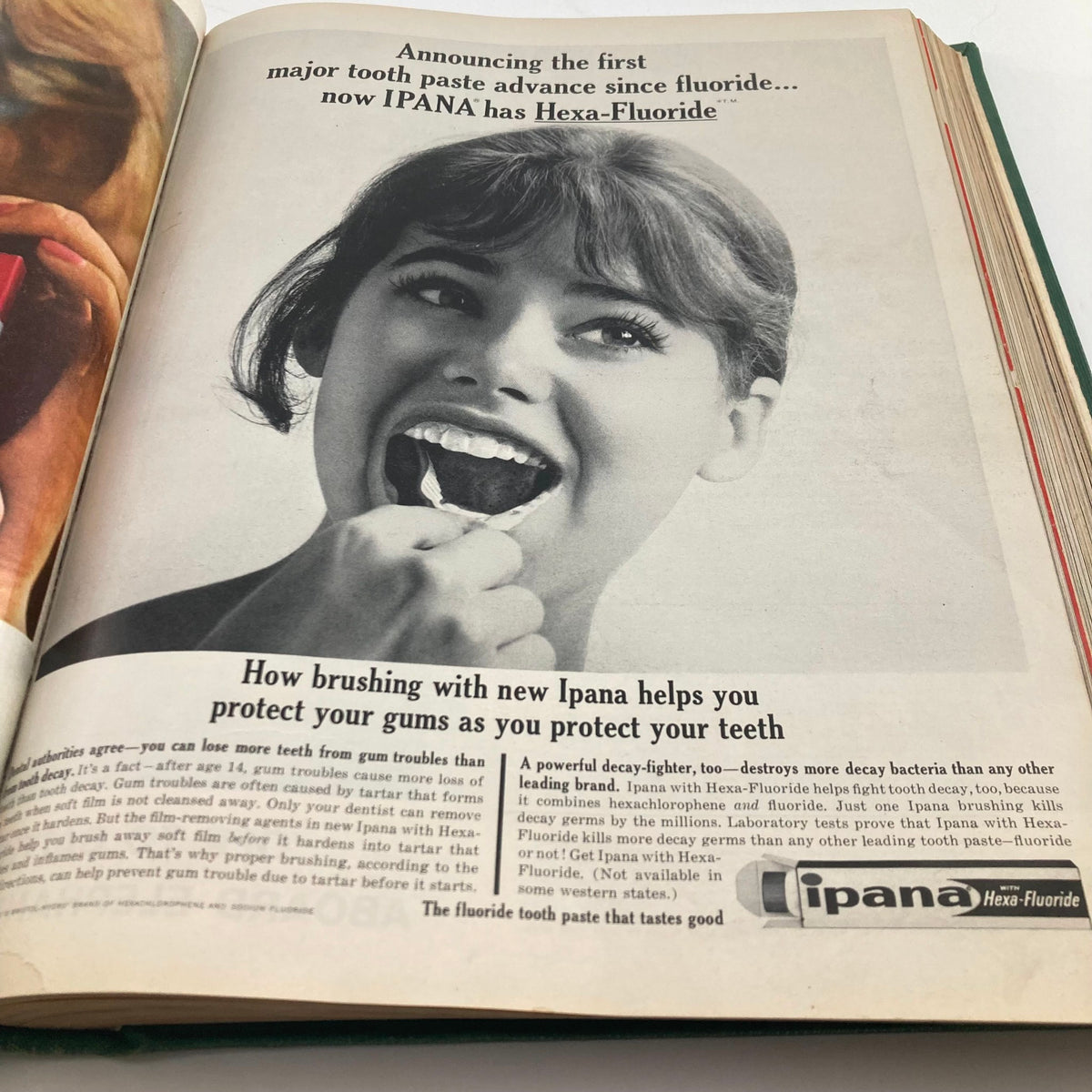 Interior page of vintage 1962 Bound Life Magazine March - April displaying an advertisement for IPANA toothpaste with a woman demonstrating its use.