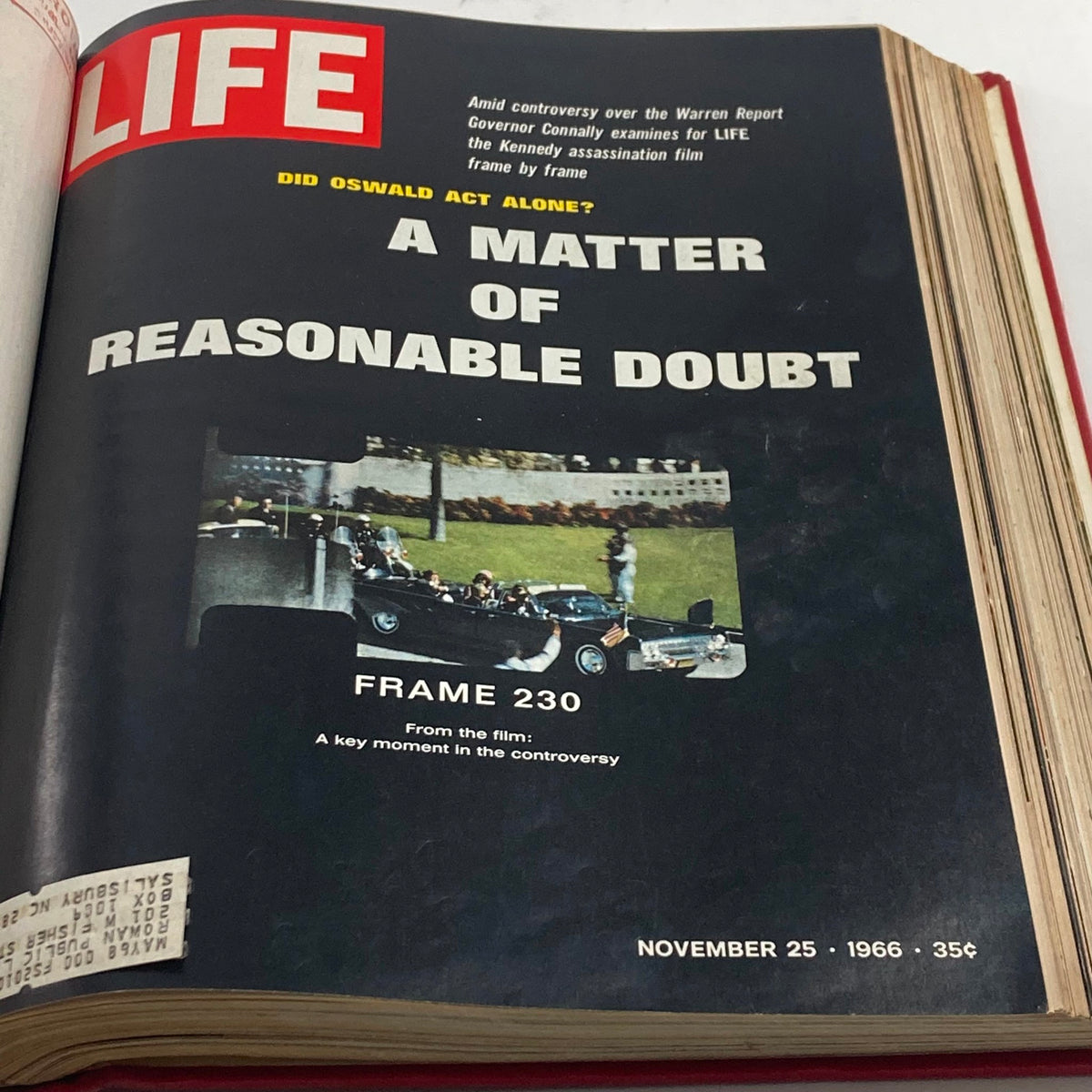 Cover of VTG 1966 Bound Life Magazine discussing the assassination film related to JFK on November 25, 1966.