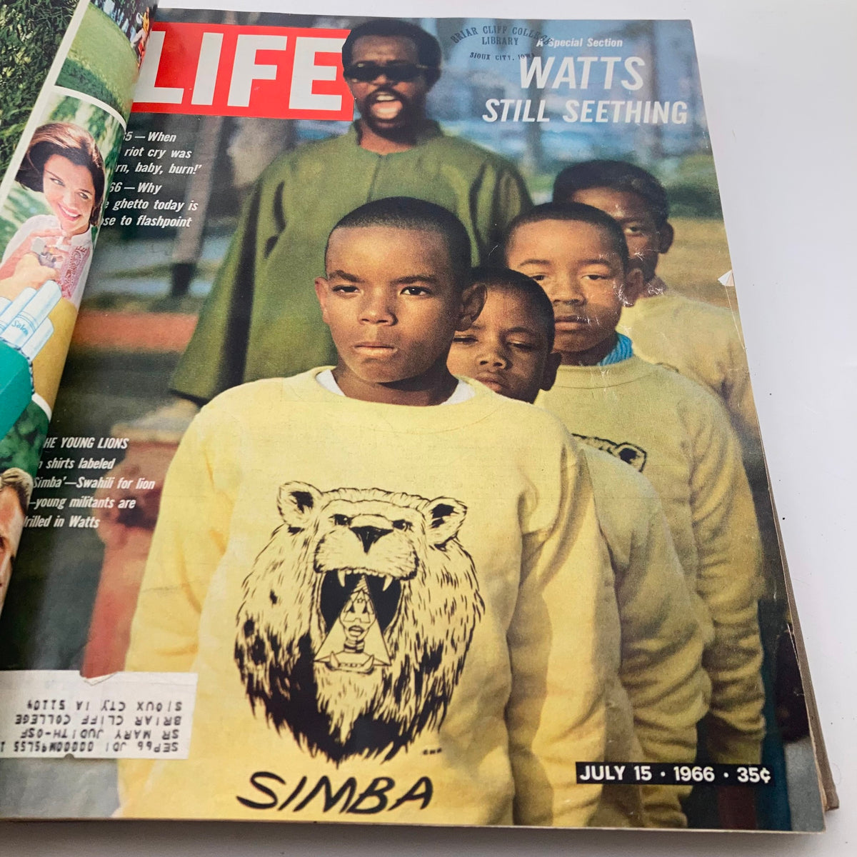 Cover of the July 15, 1966 issue of the VTG 1966 Bound Life Magazine depicting children wearing 'Simba' sweatshirts, emphasizing social themes of the time.