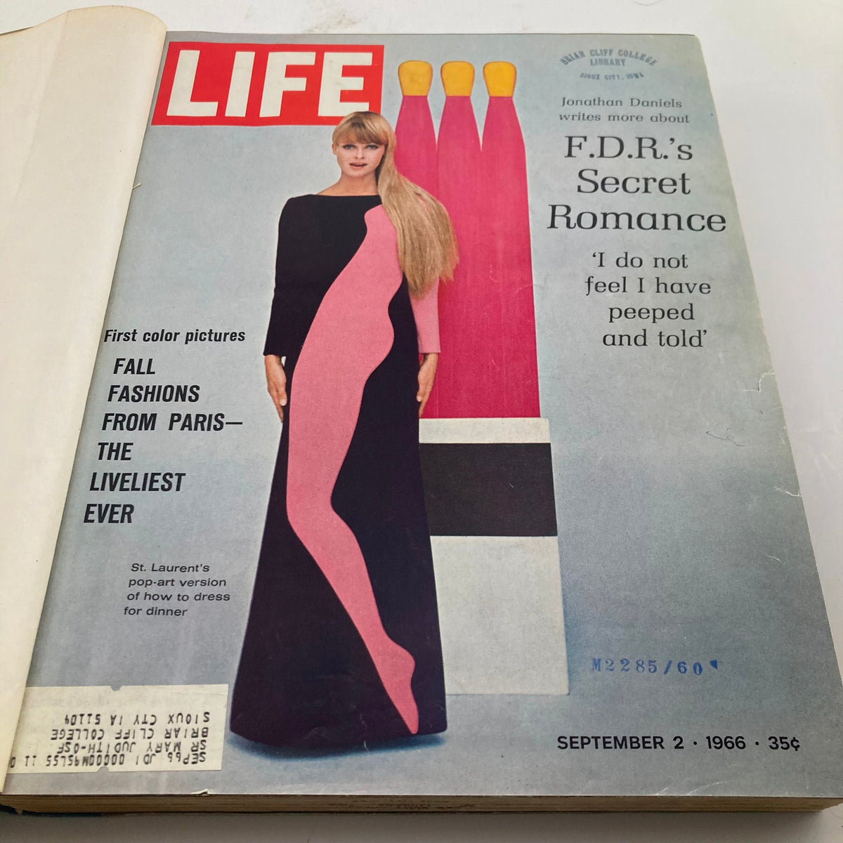 Cover of VTG 1966 Bound Life Magazine featuring a model in a colorful dress showcasing Fall Fashions from Paris, dated September 2, 1966.