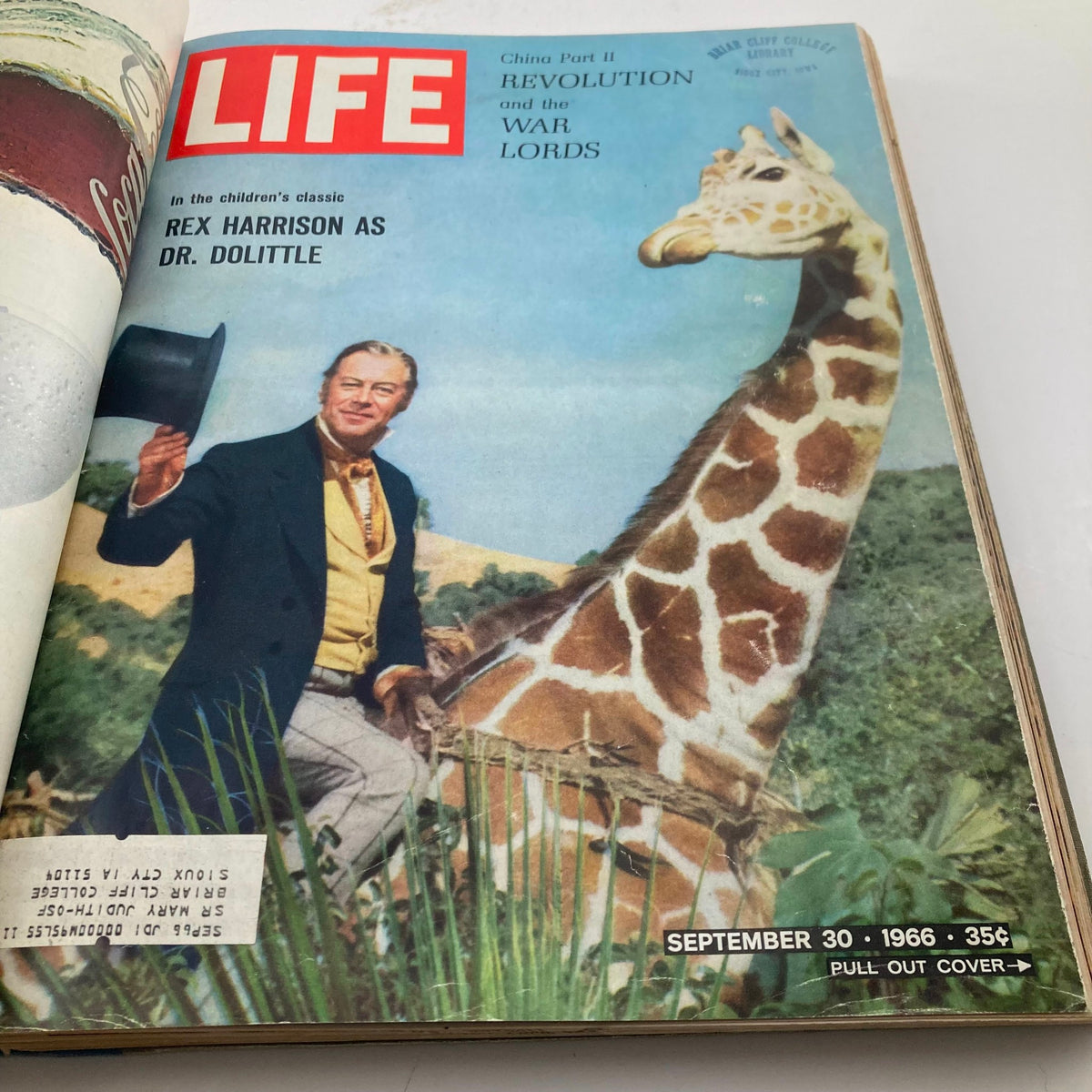 Cover of VTG 1966 Bound Life Magazine featuring Rex Harrison as Dr. Dolittle alongside a giraffe, dated September 30, 1966.