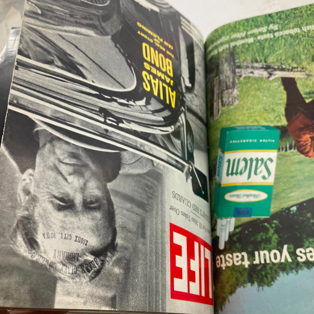Inside page of VTG 1966 Bound Life Magazine featuring the article 'Alias James Bond' with a striking photograph.