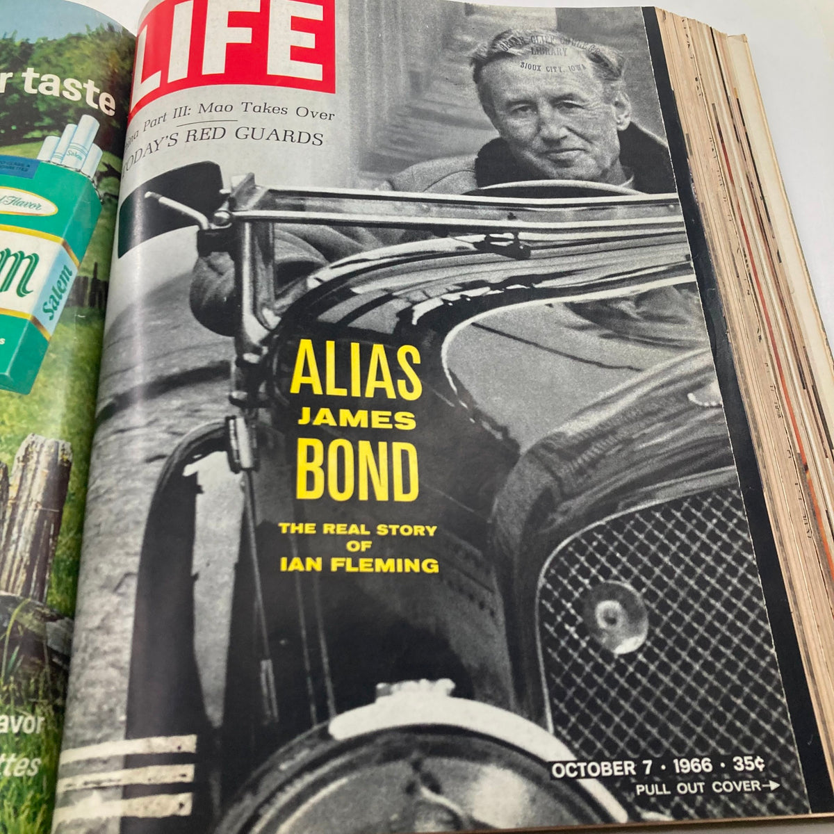 Inside page of VTG 1966 Bound Life Magazine highlighting 'Alias James Bond' with a dramatic photograph of Ian Fleming.