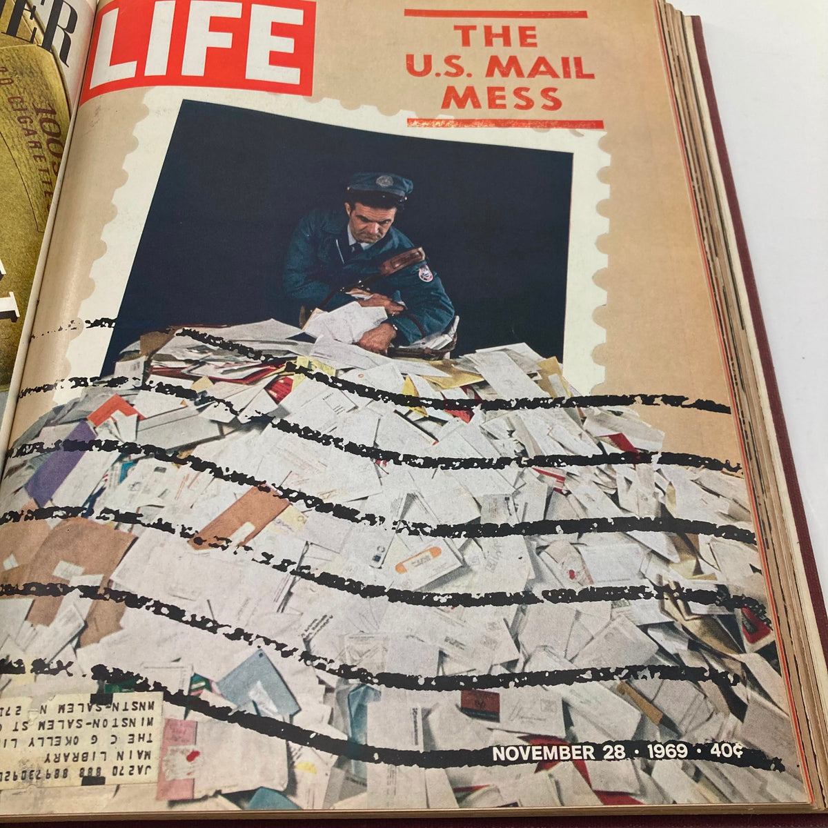 VTG 1969 Bound Life Magazine cover from the November 28 issue depicting a postal worker surrounded by a massive pile of letters, addressing the U.S. Mail Mess.