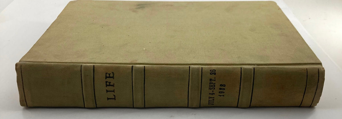 Side view of the VTG 1938 Bound Life Magazine, highlighting the spine with year details from July to September.