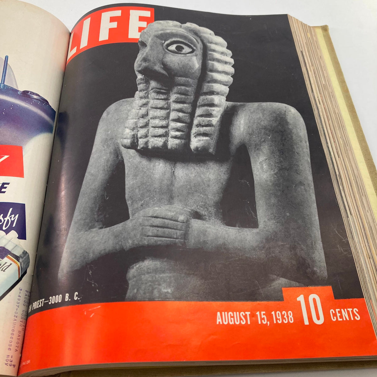 Cover of VTG 1938 Bound Life Magazine from August 15, featuring an ancient sculpture of a bearded figure, representing historical themes explored in the magazine.