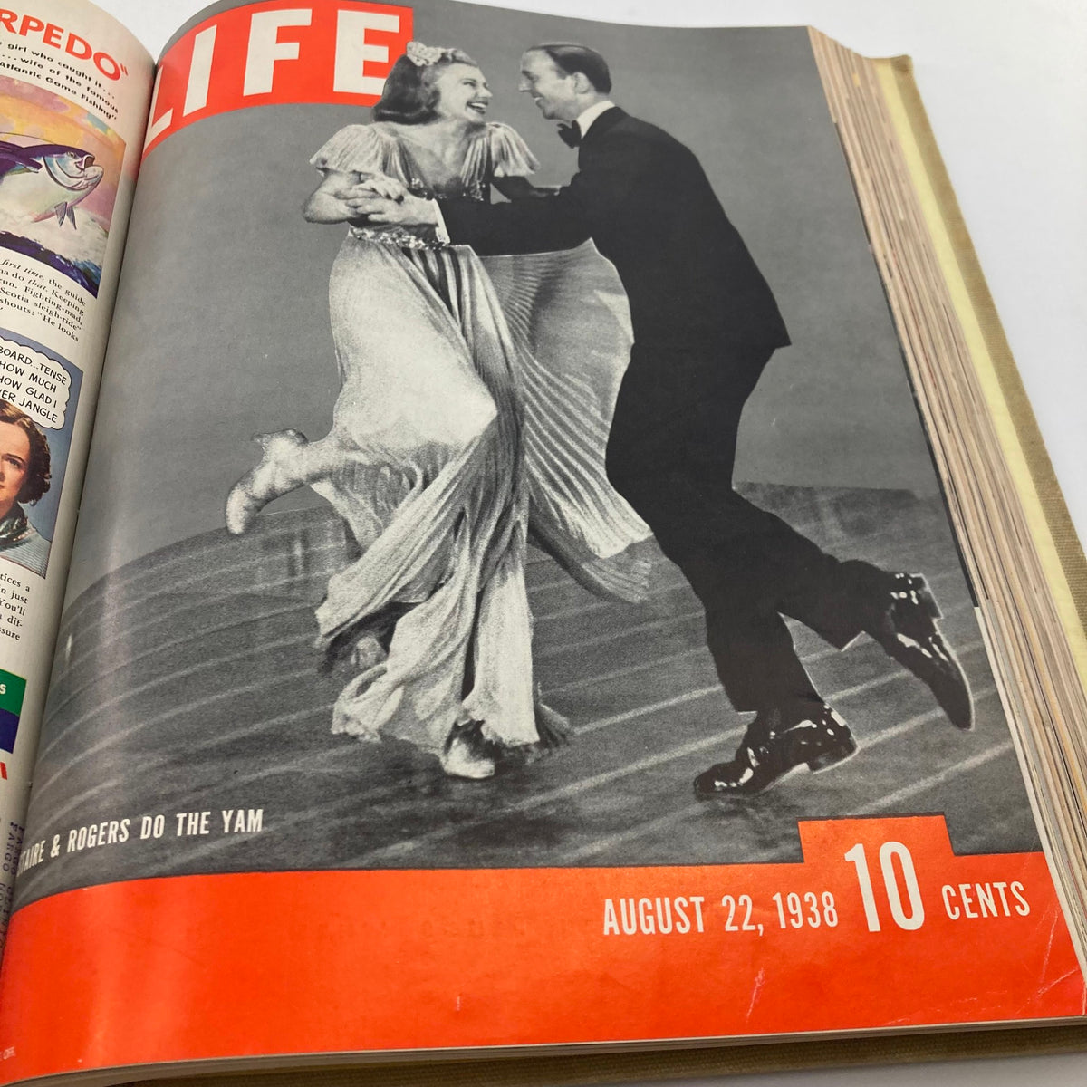 Cover of VTG 1938 Bound Life Magazine from August 22, depicting Fred Astaire and Ginger Rogers dancing, a tribute to the iconic duo popular in the 1930s.