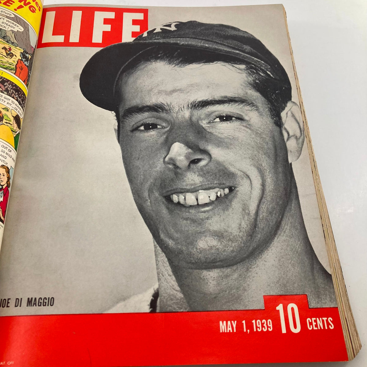 VTG 1939 Bound Life Magazine featuring Joe DiMaggio on the cover, dated May 1, 1939. Captivating portrait of the baseball legend with the magazine's iconic red title and price.