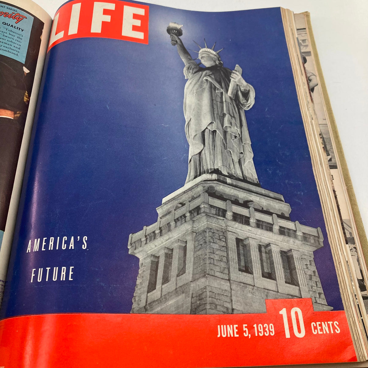 VTG 1939 Bound Life Magazine showcasing the Statue of Liberty on the cover, emphasizing America's future from June 5, 1939.