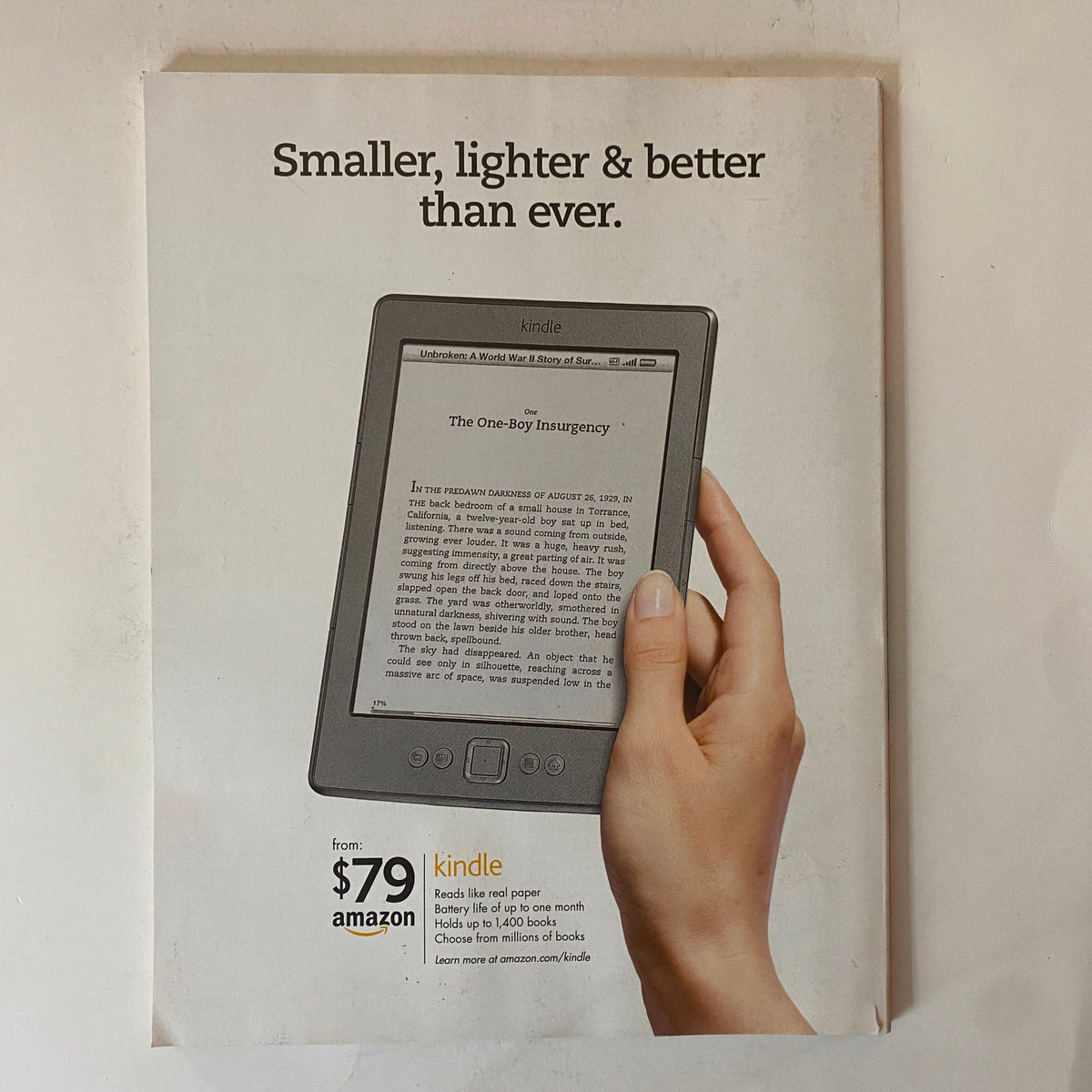 Promotional image for Kindle e-reader showcasing its smaller and lighter design, with text emphasizing 'Smaller, lighter & better than ever'. This image is featured in the Fortune Magazine April 9, 2012 issue, highlighting technological advancements in reading devices.