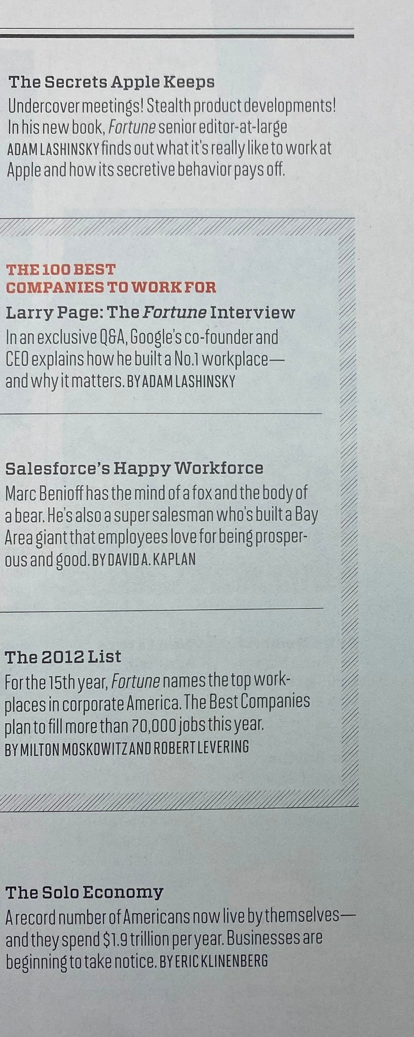 Inside page of Fortune Magazine February 6, 2012, including an exclusive Q&A with Larry Page, co-founder of Google, discussing the company's work culture and employee satisfaction.