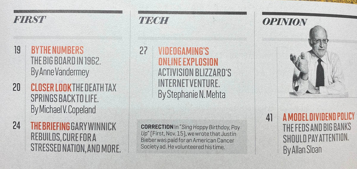 Interior page from Fortune Magazine December 27, 2010, featuring sections on numbers, technology, and opinion, part of the Investor's Guide 2011 with top 10 stock picks.
