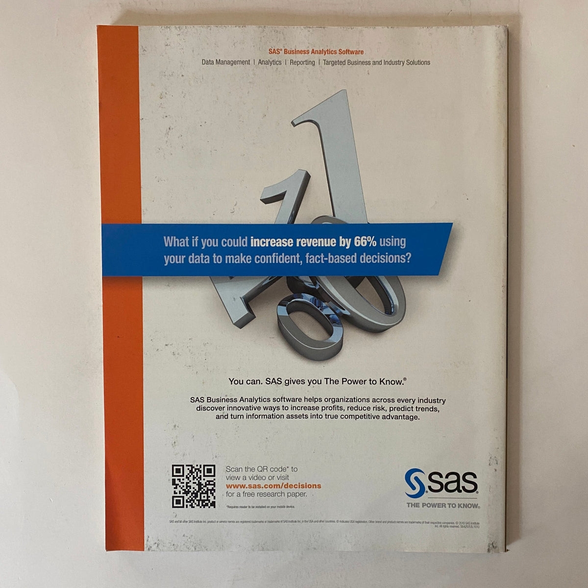 Back cover of Fortune Magazine December 27, 2010, showcasing an advertisement for SAS Business Analytics software, emphasizing data management solutions.