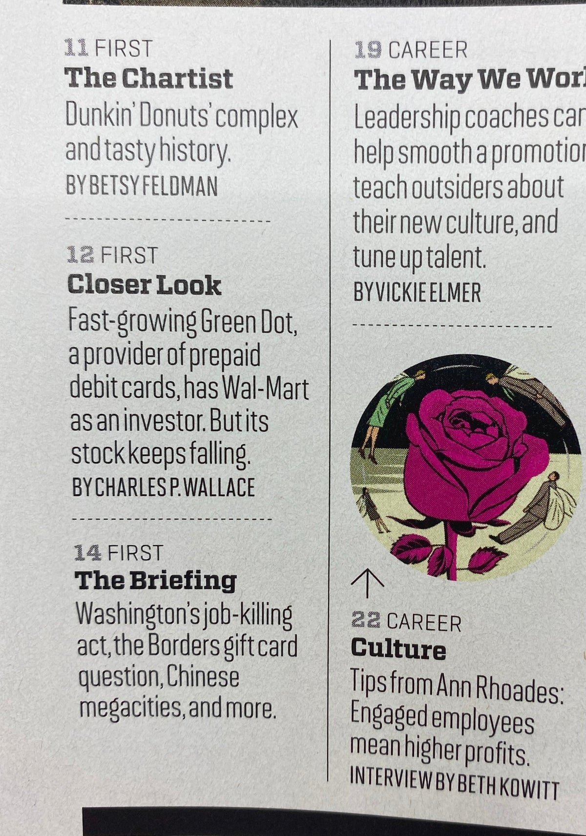 Interior page of Fortune Magazine September 5, 2011 showcasing segments like 'The Chartist' on Dunkin' Donuts and articles related to workplace culture and economic issues.
