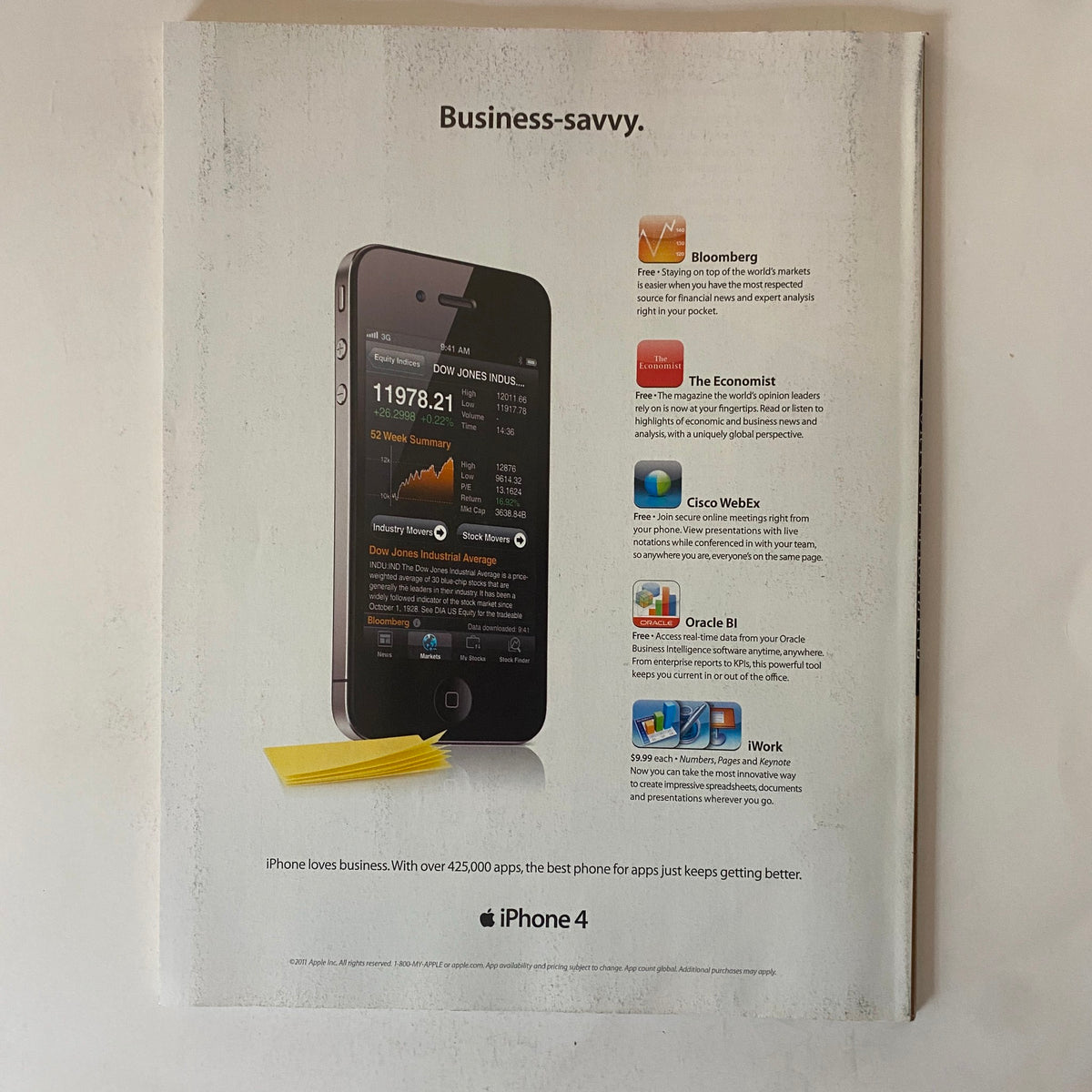 Back cover of Fortune Magazine September 5, 2011 featuring an advertisement for iPhone 4 with business-related applications and statistics, presenting the technology's impact on business.