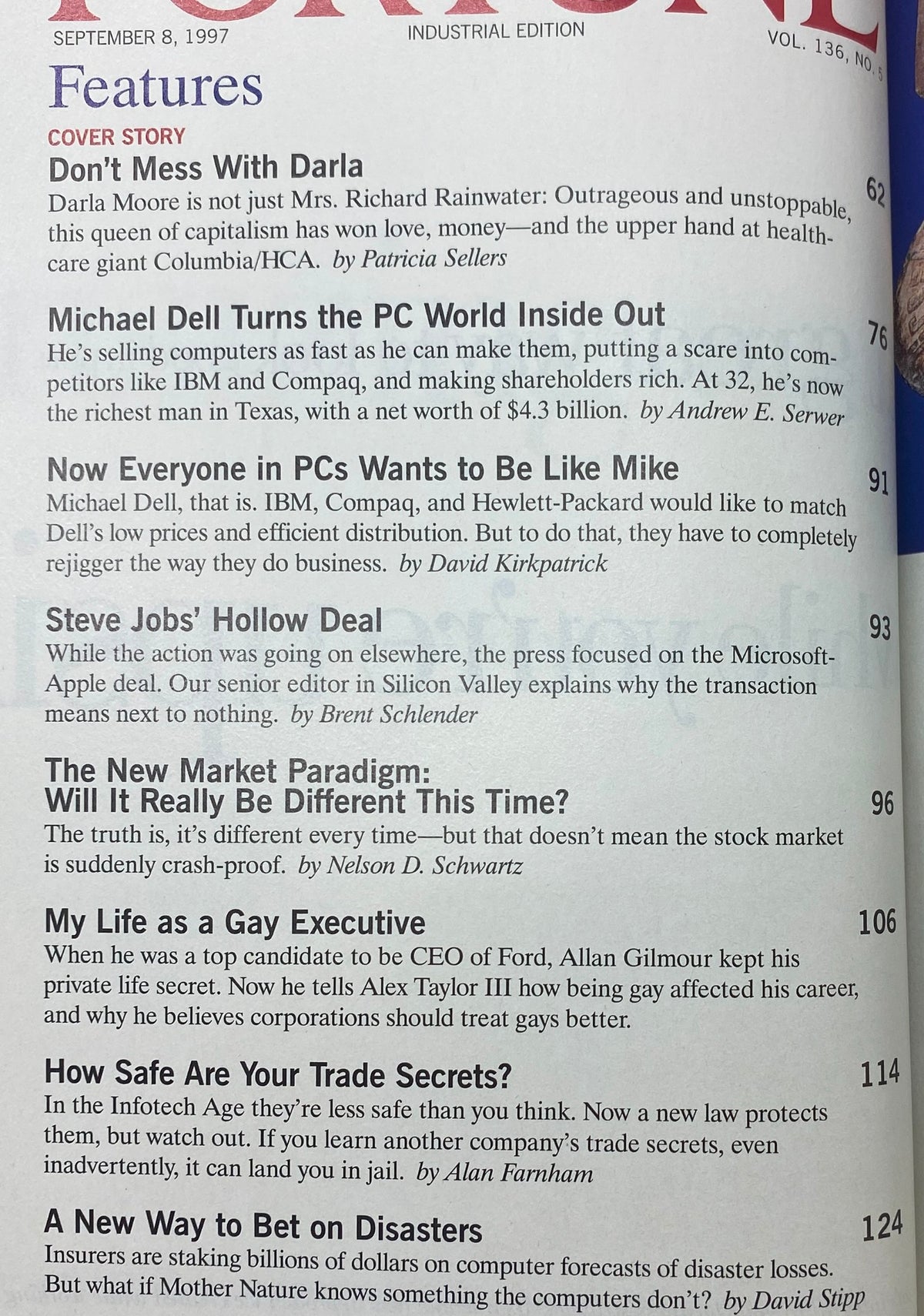 Contents page of Fortune Magazine September 8, 1997 featuring the cover story 'Don’t Mess With Darla' about Darla Moore, along with articles by Michael Dell and discussions on technology and business.