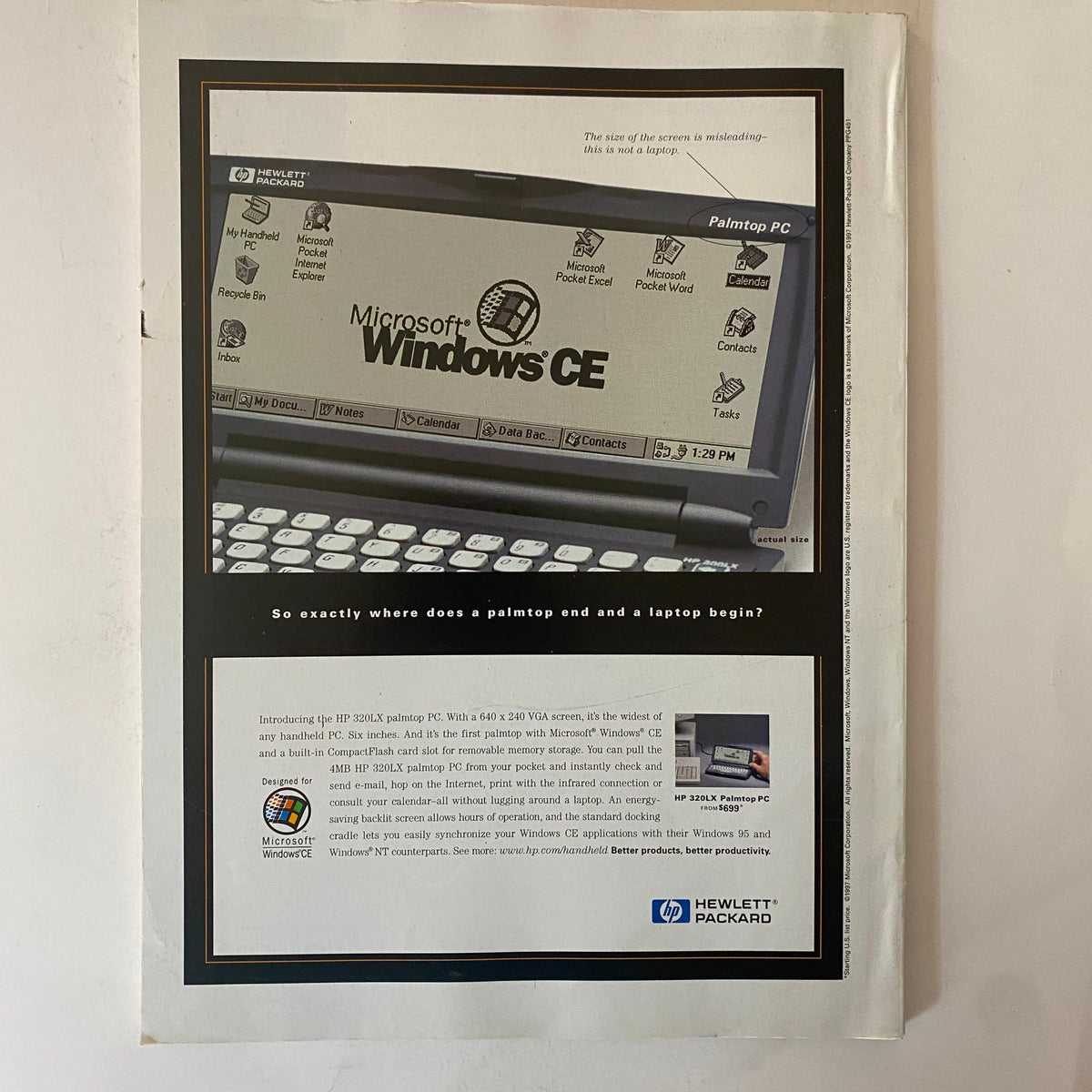 Back cover of Fortune Magazine September 8, 1997 displaying an advertisement for Hewlett-Packard’s HP 320LX palmtop PC, illustrating the convergence of handheld and laptop technology.