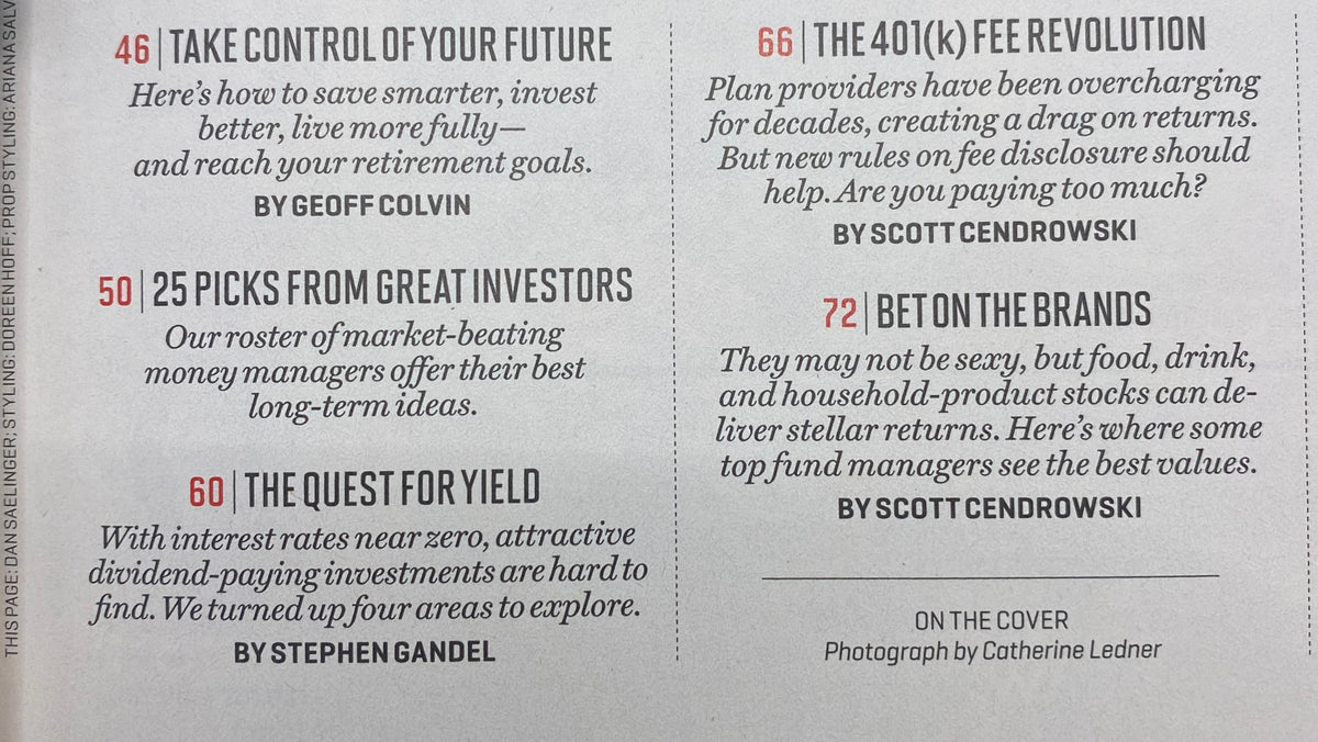 Interior page of Fortune Magazine July 2, 2012, showcasing highlights including 'Take Control of Your Future' by Geoff Colvin and 'The Quest for Yield' by Stephen Gandel.