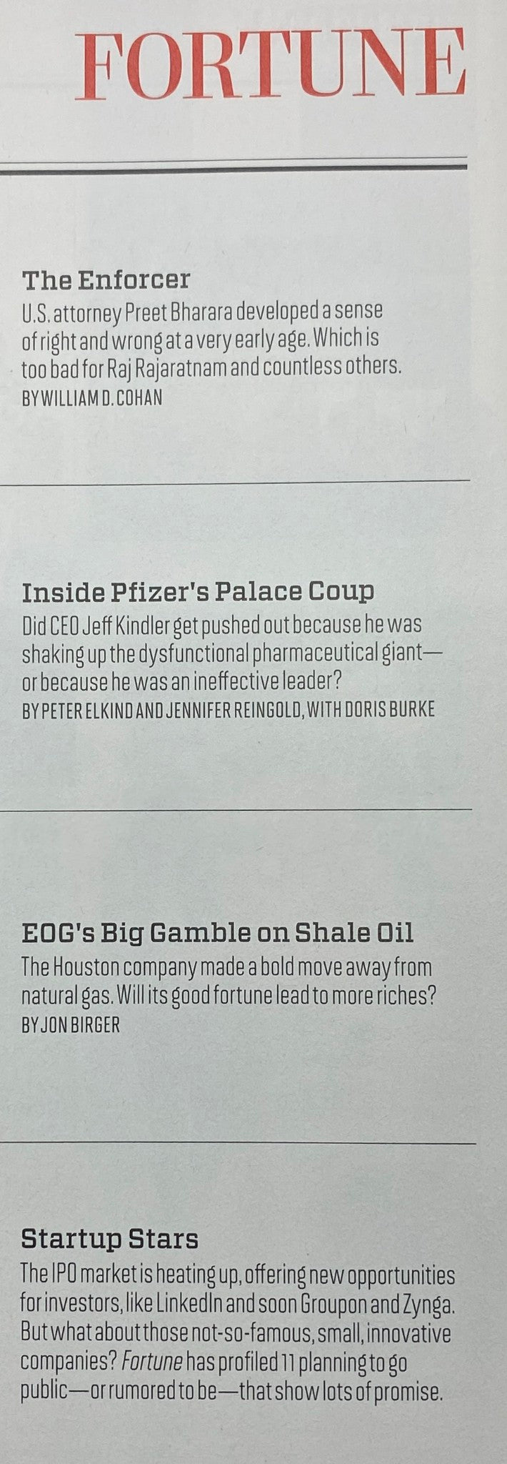 An interior page of Fortune Magazine August 15, 2011, showcasing articles such as 'The Enforcer' and 'Inside Pfizer's Palace Coup,' describing key events in the pharmaceutical industry.