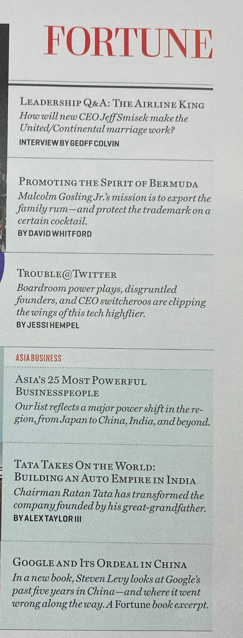 Inside content of Fortune Magazine May 2, 2011, highlighting articles including Leadership Q&A, Asia's 25 Most Powerful Businesspeople, and Trouble @Twitter, along with a focus on corporate dynamics and leadership challenges.
