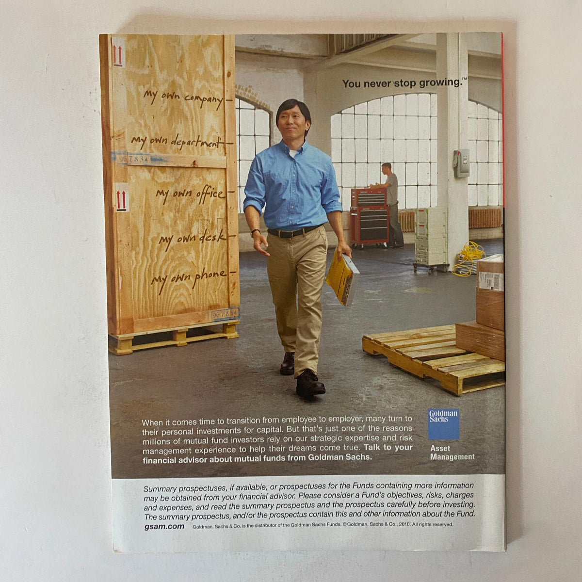 Back cover of Fortune Magazine February 7, 2011, advertising Goldman Sachs Asset Management with a motivational message about personal growth.