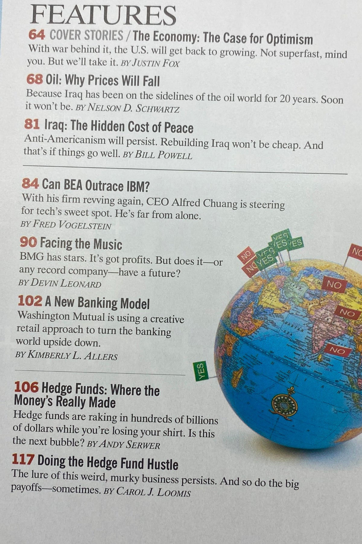 Fortune Magazine March 31, 2003 features articles on the economy, post-war recovery, and critical global events, including insights from Justin Fox and Nelson D. Schwartz.