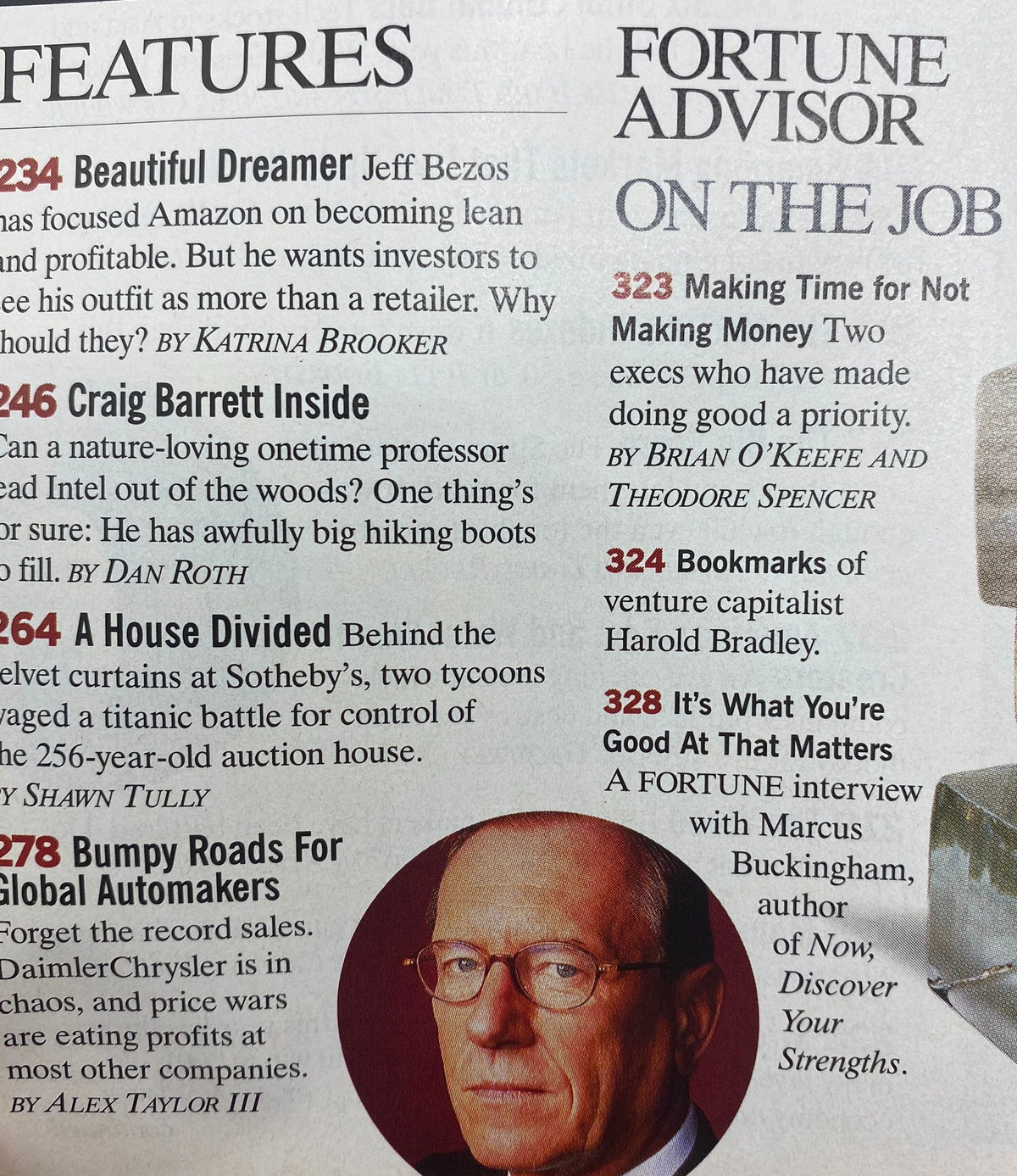 Interior page of Fortune Magazine December 18, 2000, listing articles including 'Beautiful Dreamer' about Jeff Bezos and Amazon, and 'A House Divided' about Sotheby’s auction house.