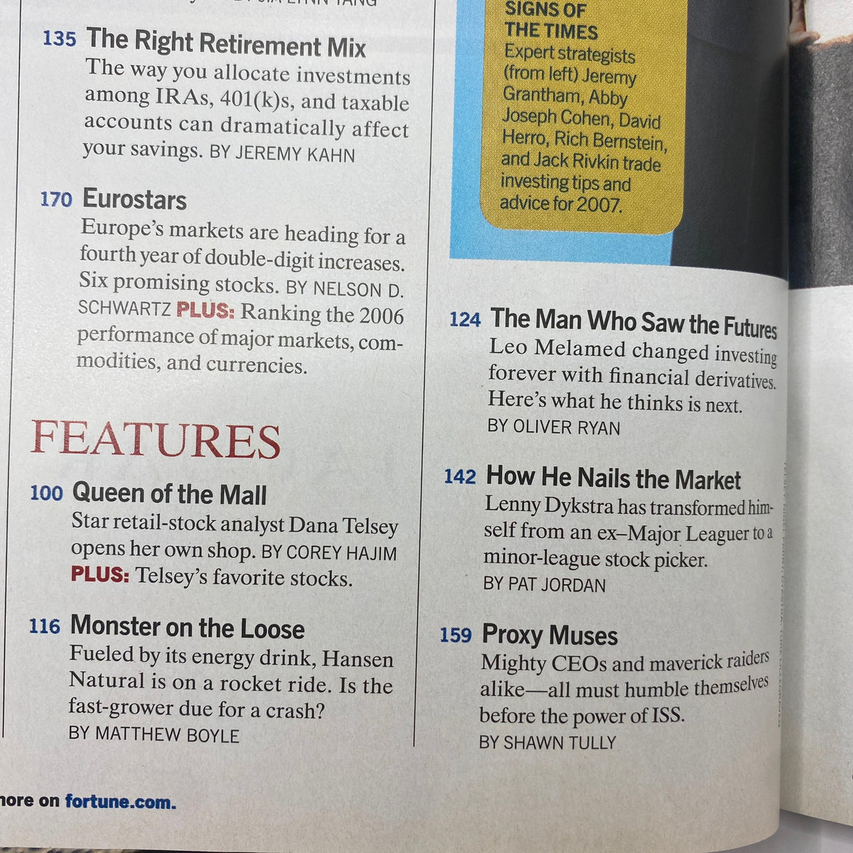 Inside page of Fortune Magazine December 25, 2006, showcasing features including 'Queen of the Mall' article about Dana Telsey and 'Monster on the Loose' about Hansen Natural's rise.