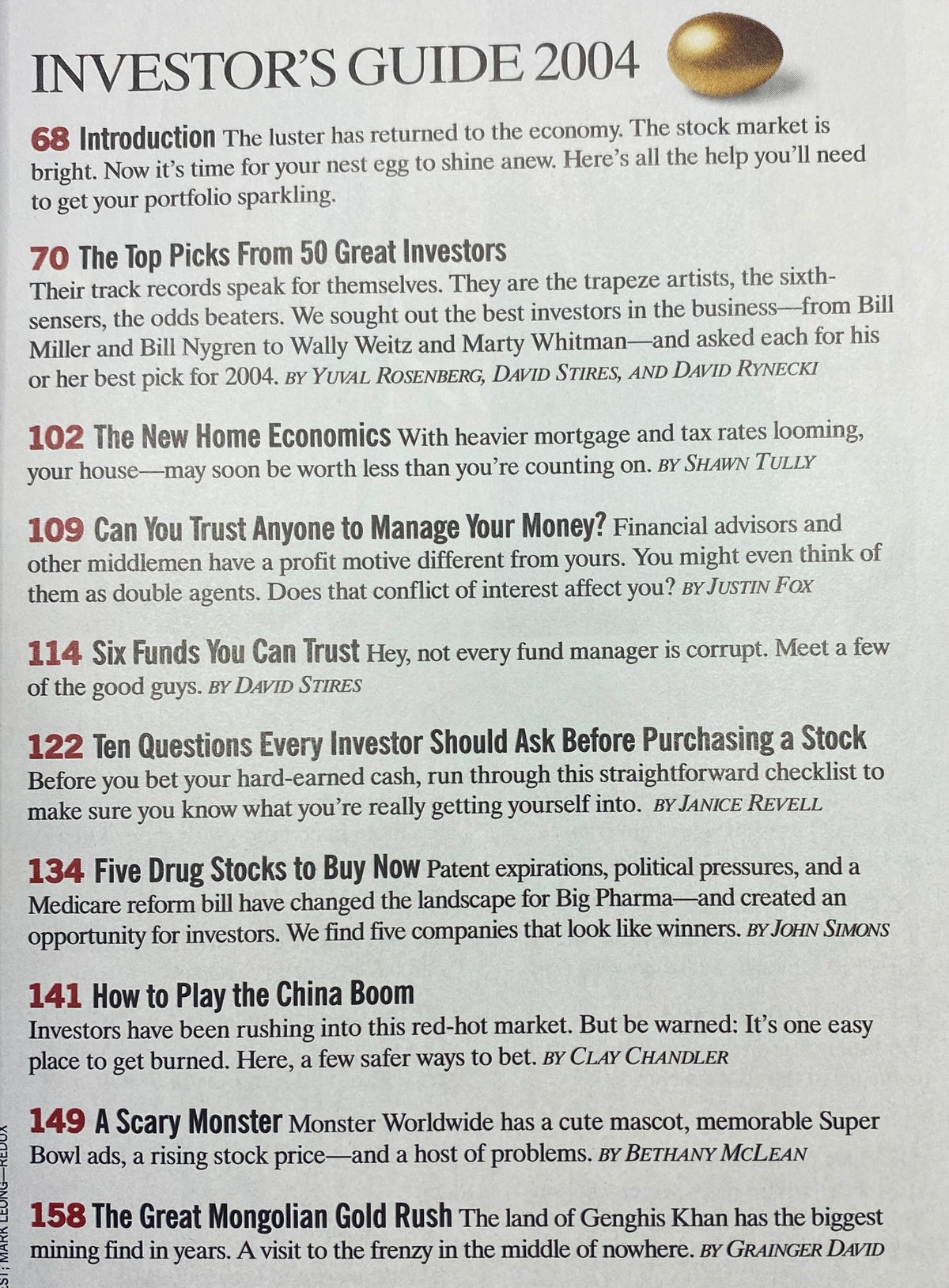 Interior page from Fortune Magazine December 29, 2003 showing detailed content from the Investor's Guide 2004, including investment advice and strategies.
