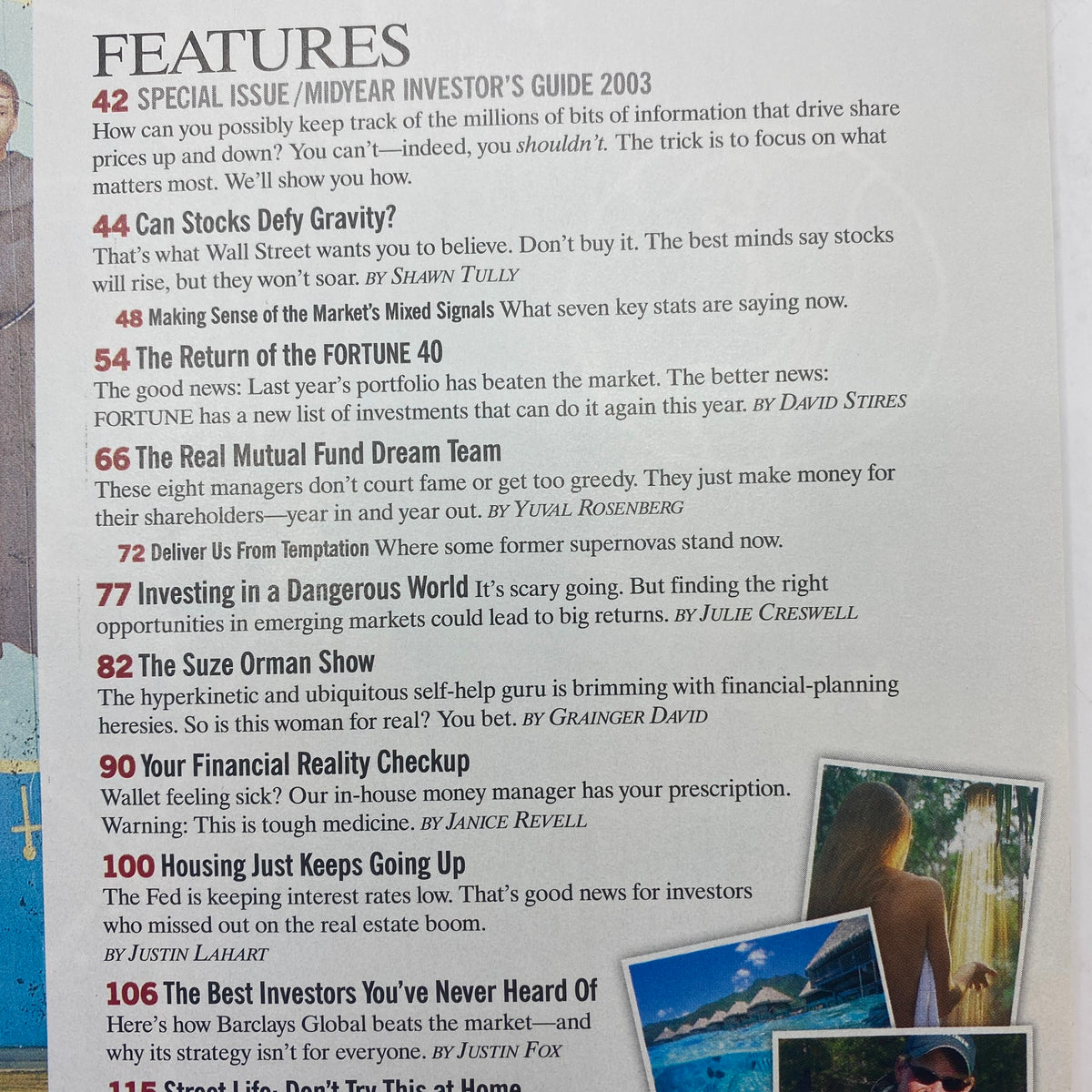 Inside features page of Fortune Magazine June 16, 2003 showcasing articles including 'Can Stocks Defy Gravity?' and insights on investment strategies.