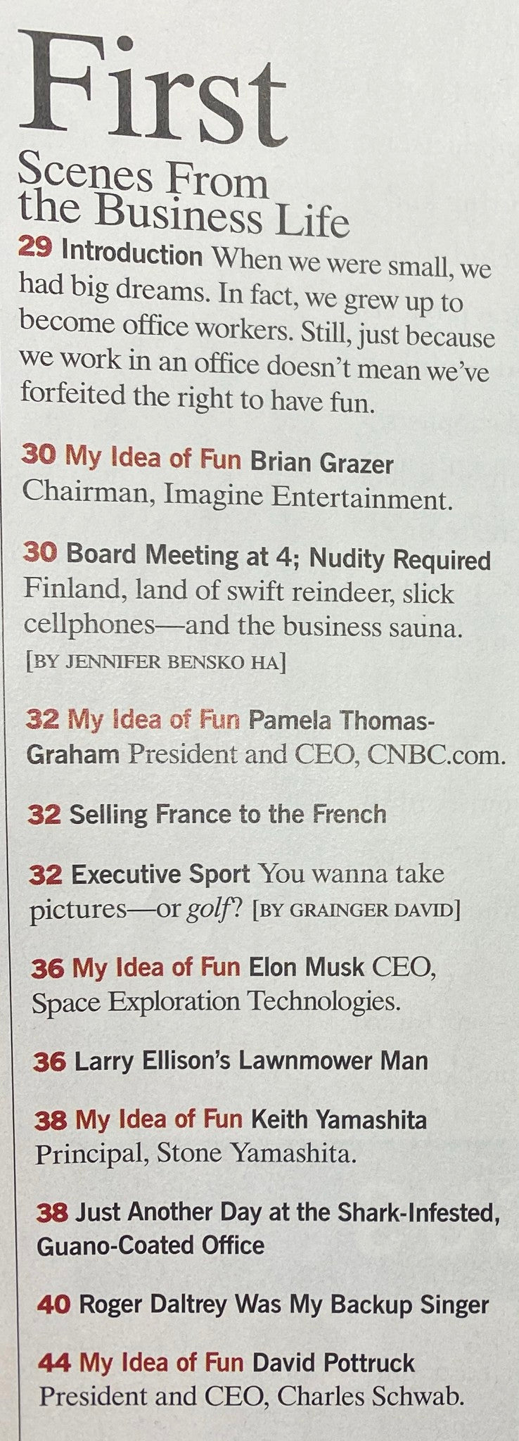 Inside page of Fortune Magazine showcasing scenes from the business life with insights from contestants in various roles, including CEOs like Brian Grazer and Elon Musk.