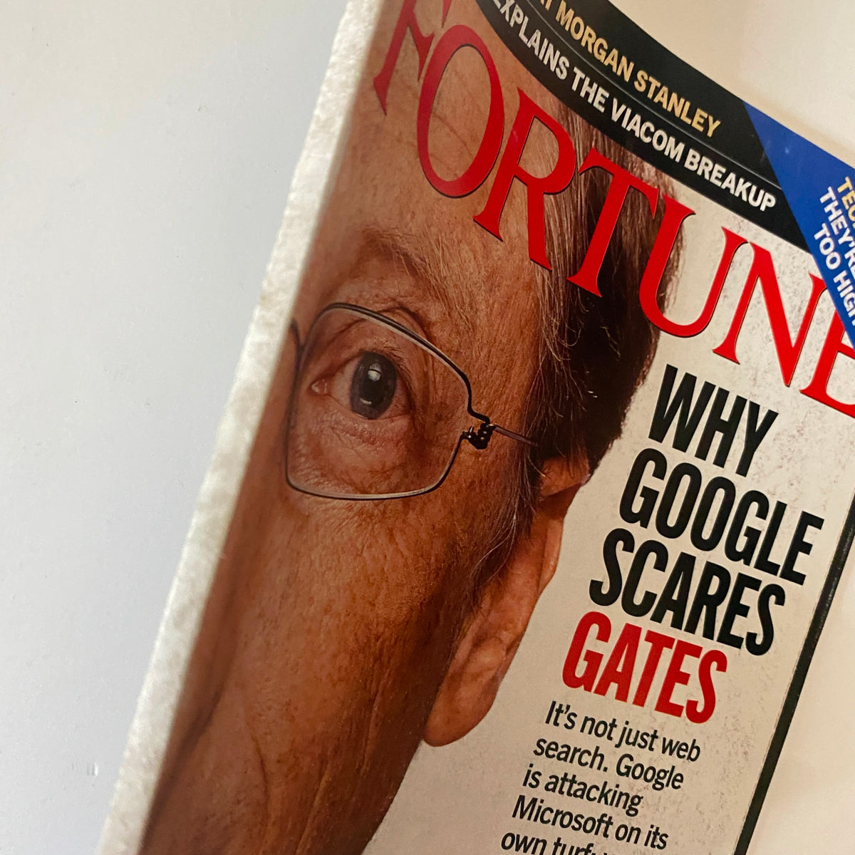 Close-up view of the Fortune Magazine May 2, 2005 cover with Bill Gates, emphasizing the text 'Why Google Scares Gates' and the competitive landscape for Microsoft.