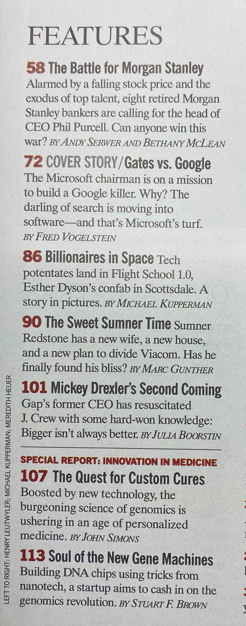Inside page of Fortune Magazine May 2, 2005 featuring a list of articles including 'The Battle for Morgan Stanley' and 'Gates vs. Google', showcasing significant topics covered in the issue.