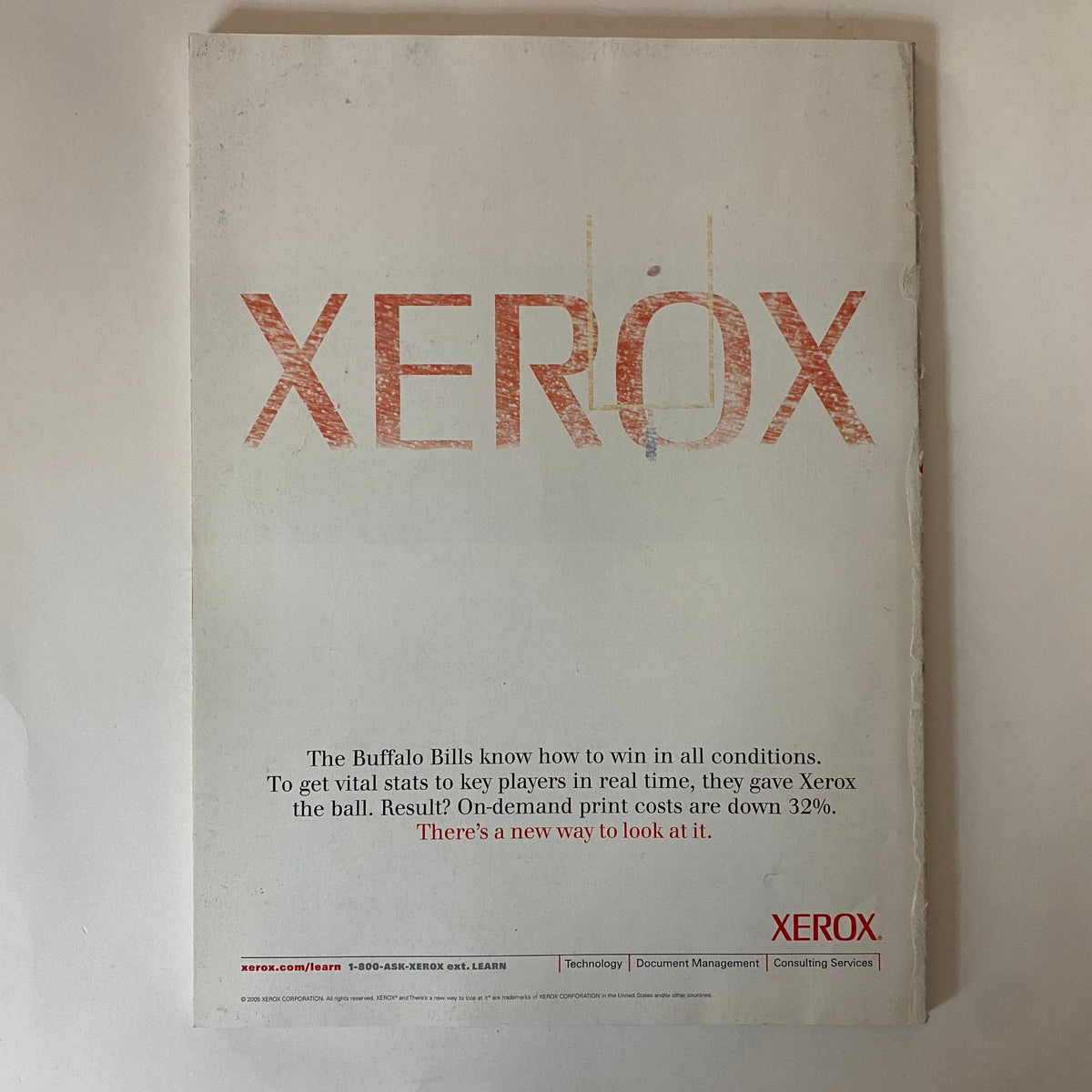 Back cover of Fortune Magazine January 24, 2005 featuring an advertisement for Xerox with a message about their document management services and the Buffalo Bills, emphasizing innovative solutions in business.