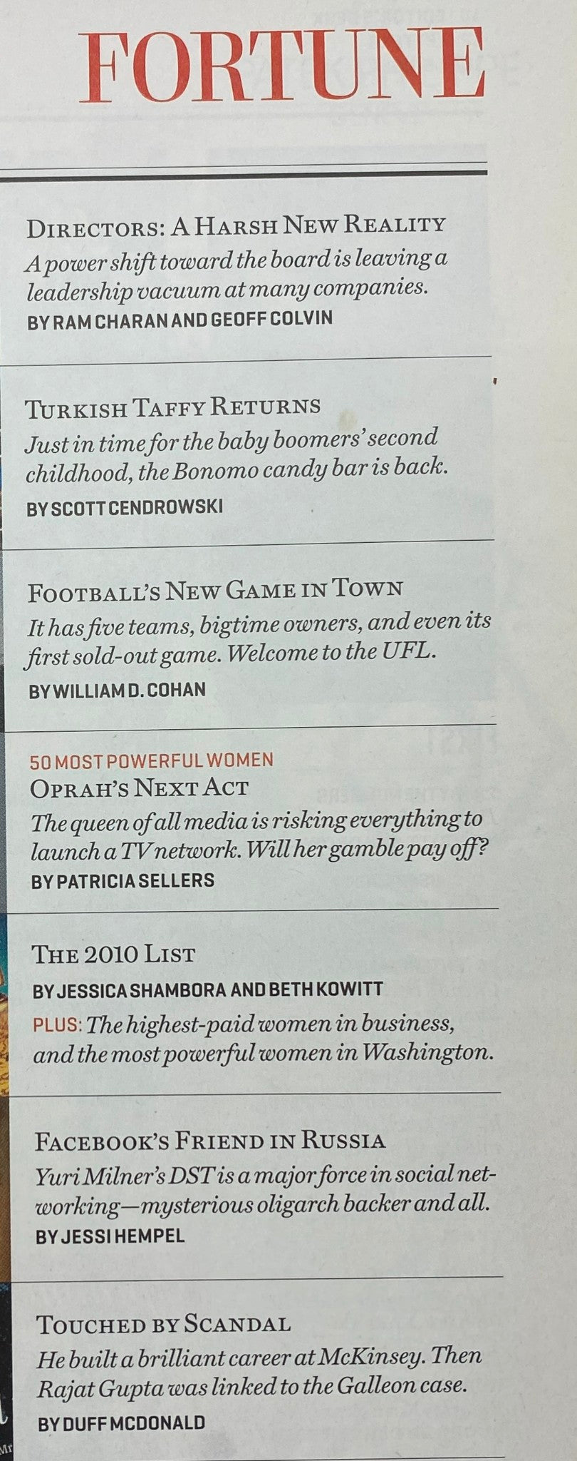 Table of contents from Fortune Magazine October 18, 2010, highlighting features on the 50 Most Powerful Women, articles on directors, and Facebook's impact.