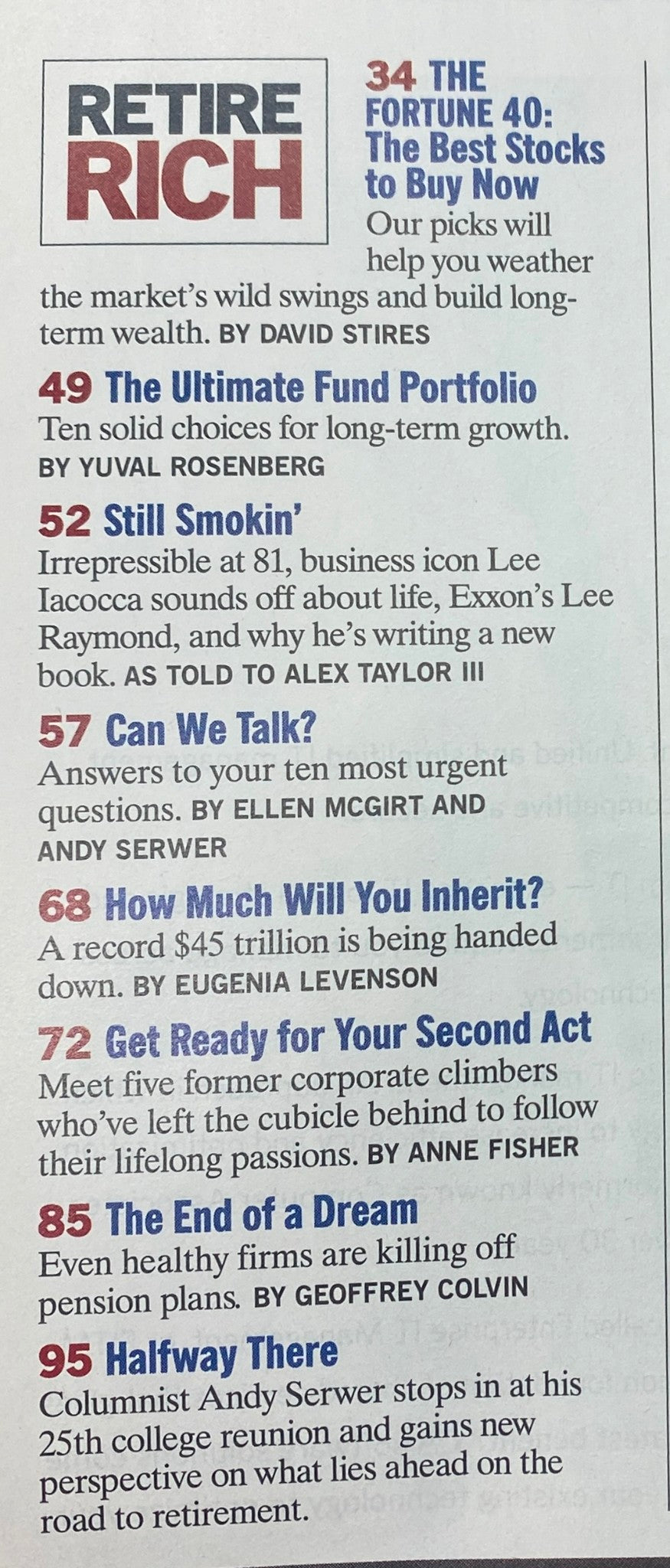 Inside page of Fortune Magazine June 26, 2006, displaying an article list including 'The Fortune 40: The Best Stocks to Buy Now' and other financial insights.